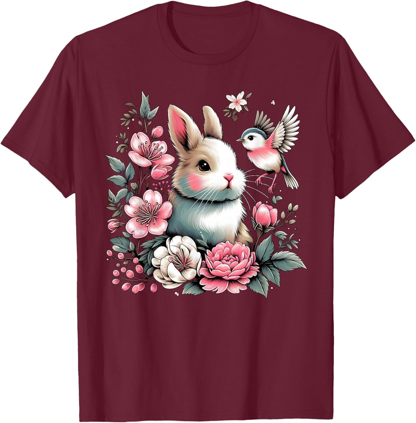 Happy Easter Day Cute Bunny Floral for Girl Women Ladies T-Shirt - T-Shirt | Maroon