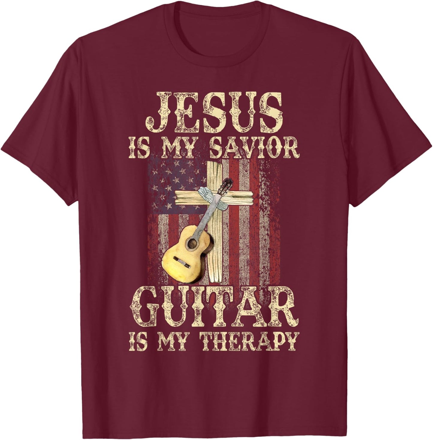 Jesus Is My Savior Guitar Is My Therapy Christian T-Shirt - T-Shirt | Maroon
