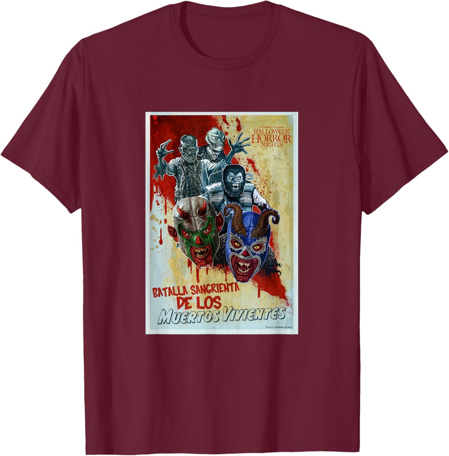 Halloween Horror Nights Luchadores Monstruosos T-Shirt - T-Shirt | Maroon
