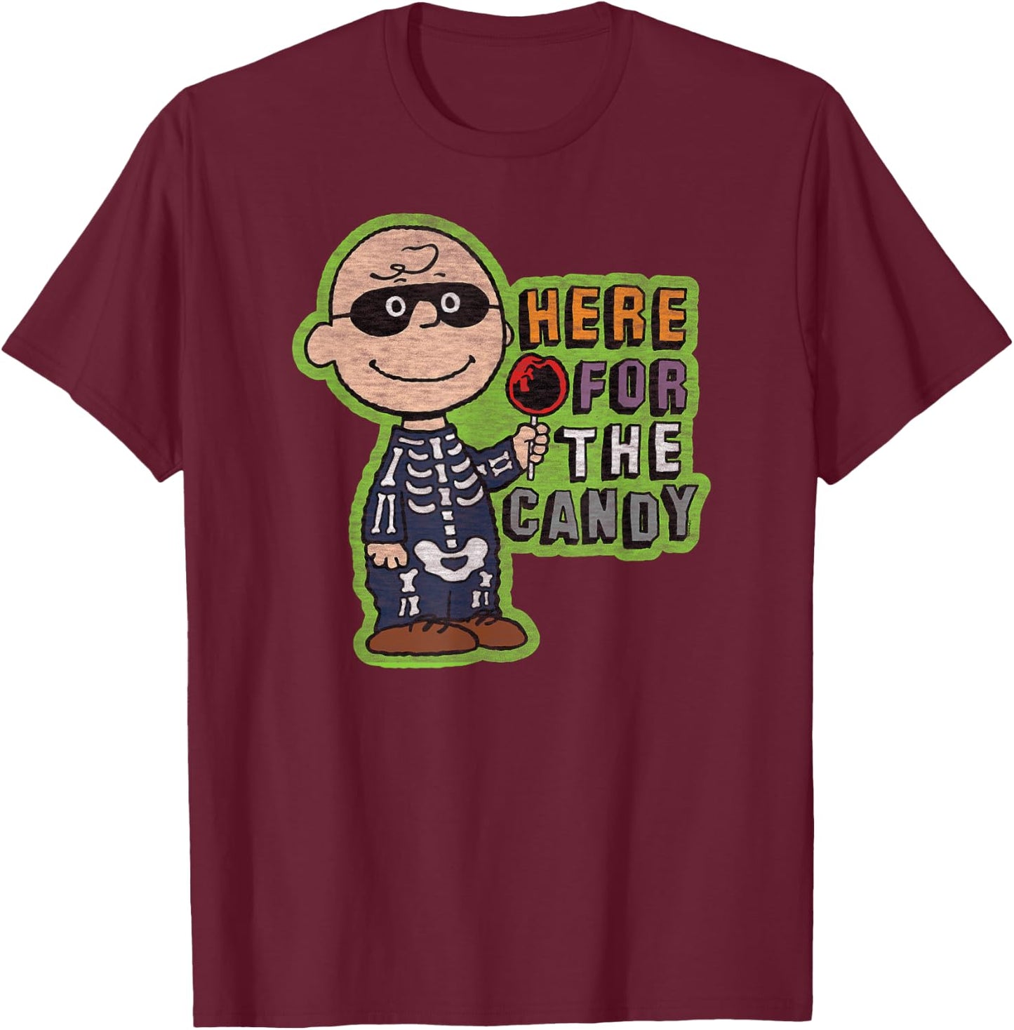 Peanuts - Charlie Brown Halloween Skeleton Candy T-Shirt - T-Shirt | Maroon
