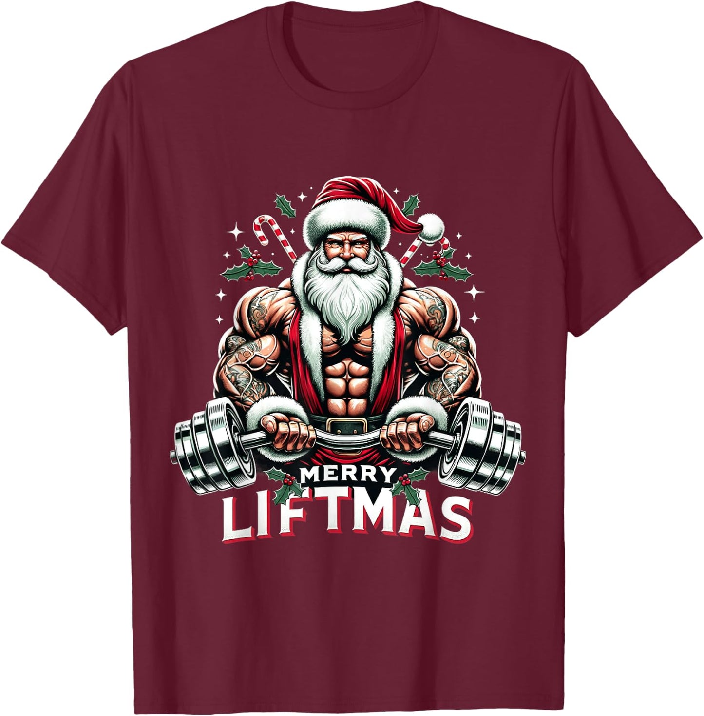 Muscle Santa Bodybuilder Merry Liftmas Gym Christmas Workout T-Shirt - T-Shirt | Maroon