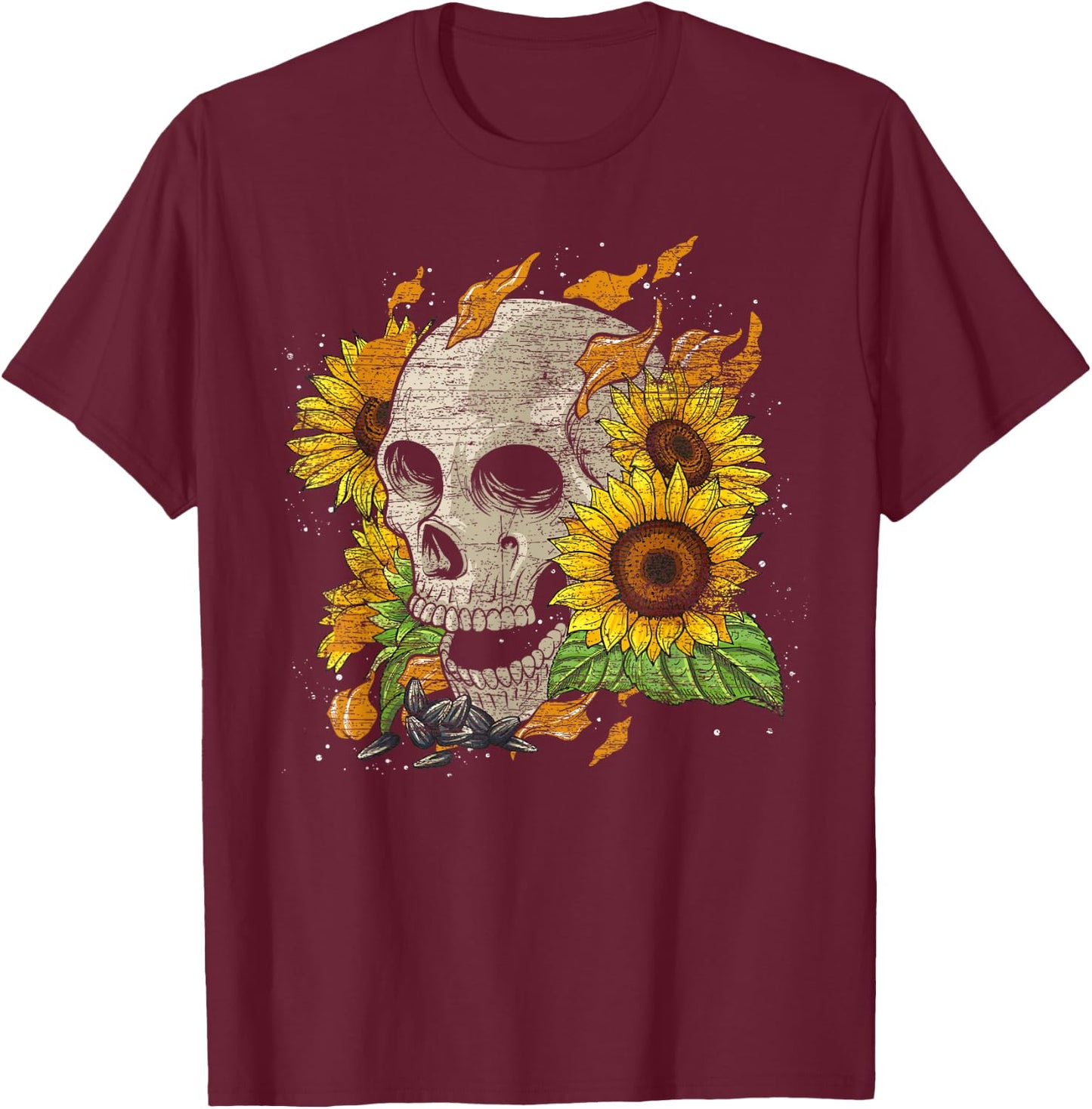 Florist Hippie Yellow Flower Nature Skull Sunflower T-Shirt - T-Shirt | Maroon