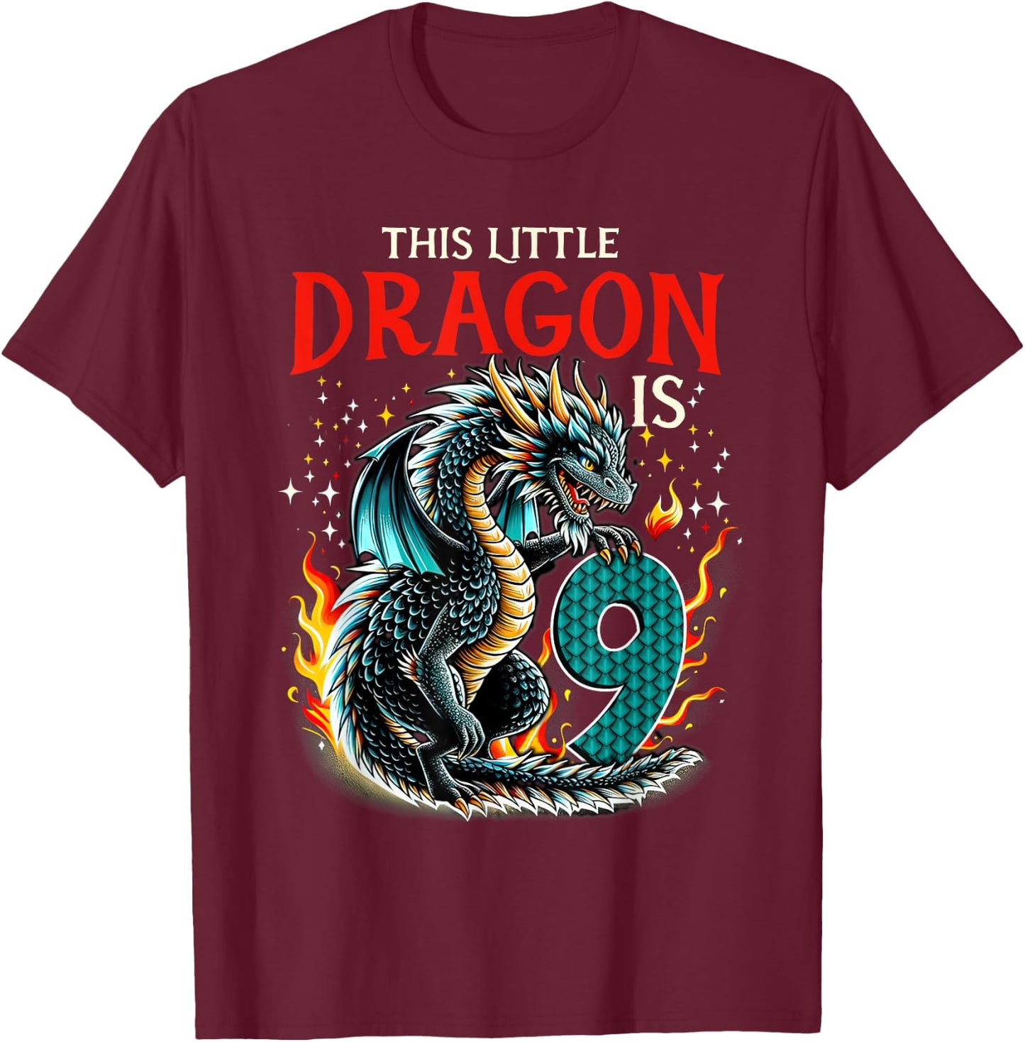 Turning 9 Year Old Birthday Boy Dragon 9th Bday Girl T-Shirt - T-Shirt | Maroon