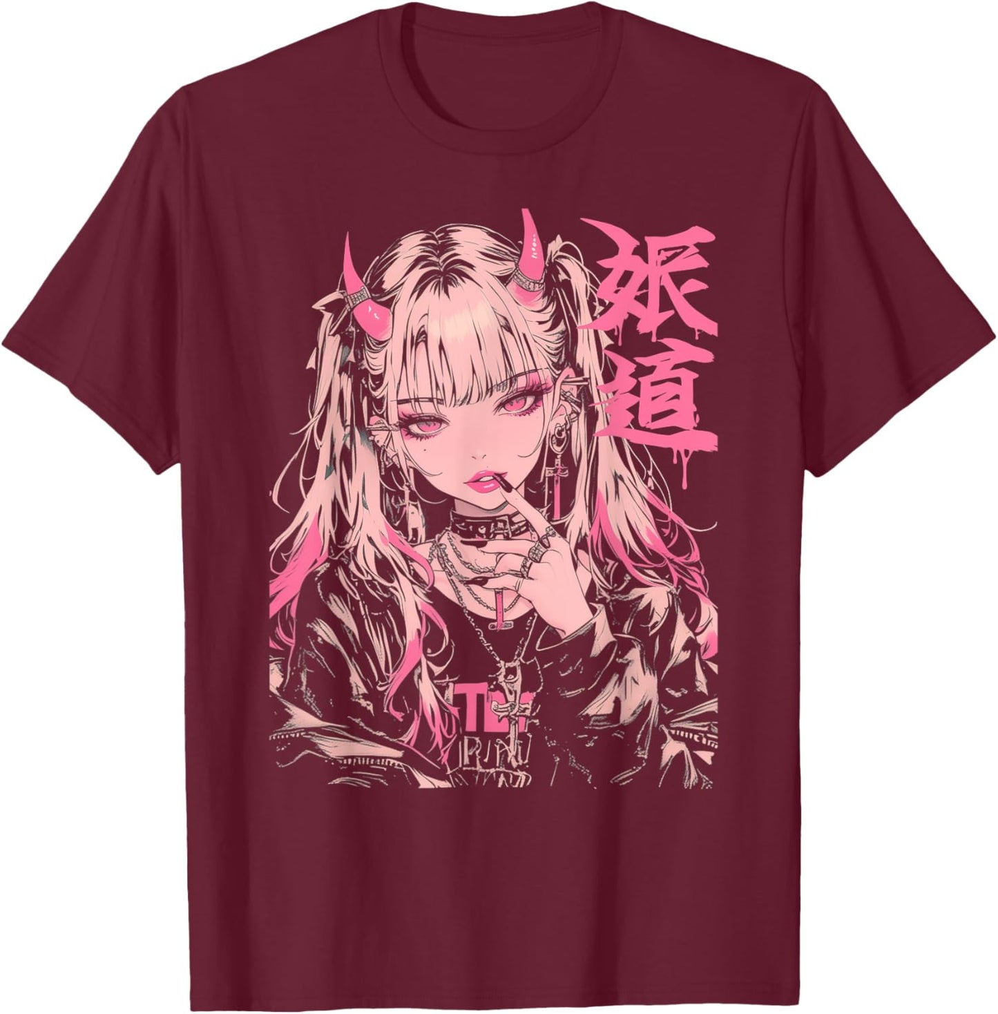 Goth Grunge Demon Anime Girl Waifu Horror Alt Aesthetic T-Shirt - T-Shirt | Maroon