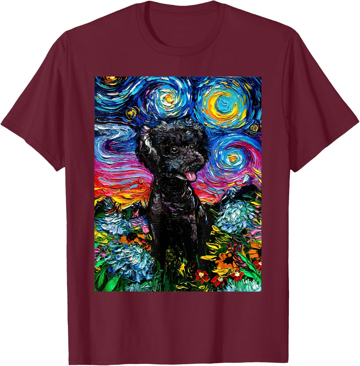 Cute Black Poodle and Flowers Starry Night Dog Art by Aja Women Kids T-Shirt - T-Shirt | Maroon