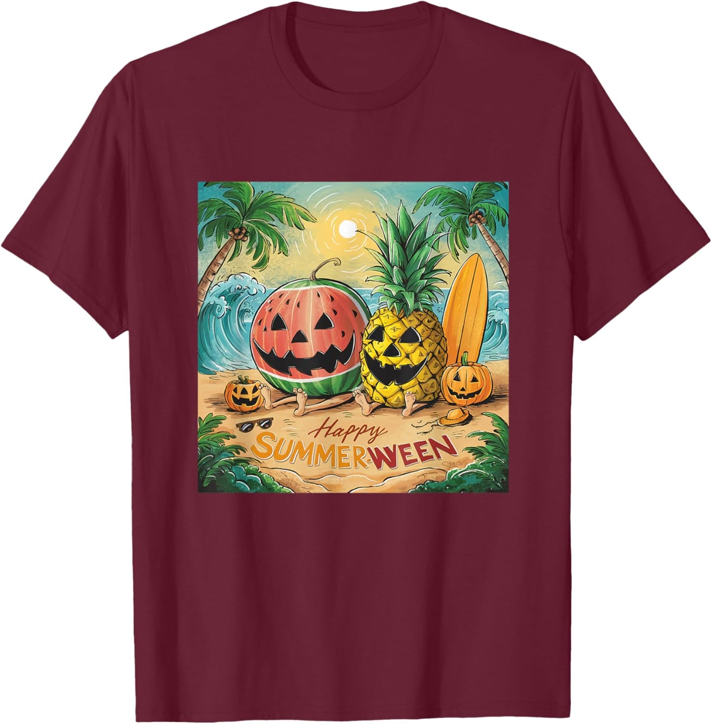 Happy Summerween Watermelon Pineapple Beach Vibes Halloween Women Kids T-Shirt - T-Shirt | Maroon