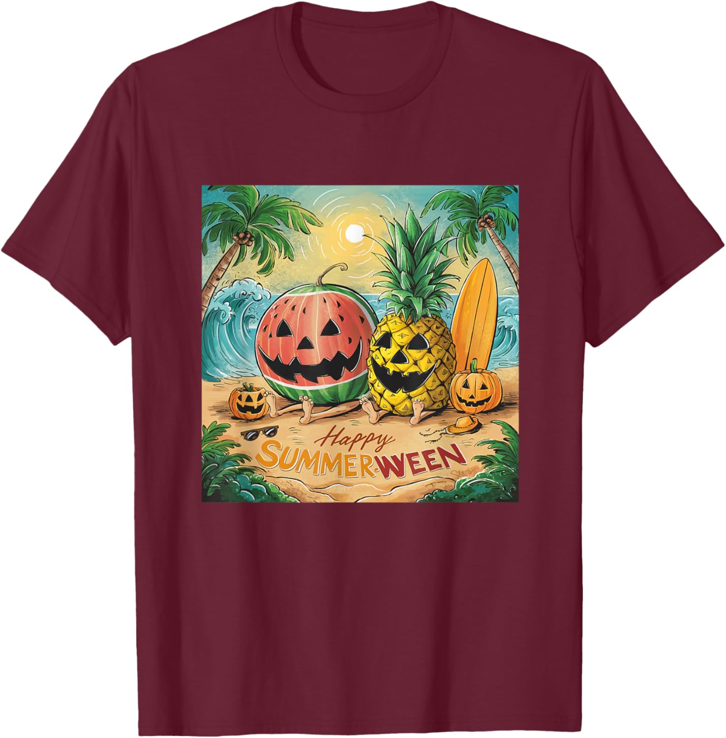 Happy Summerween Watermelon Pineapple Beach Vibes Halloween Women Kids T-Shirt - T-Shirt | Maroon