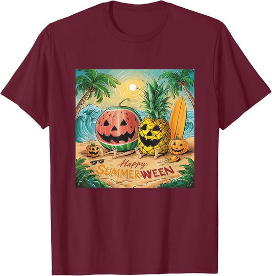 Happy Summerween Watermelon Pineapple Beach Vibes Halloween Women Kids T-Shirt - T-Shirt | Maroon