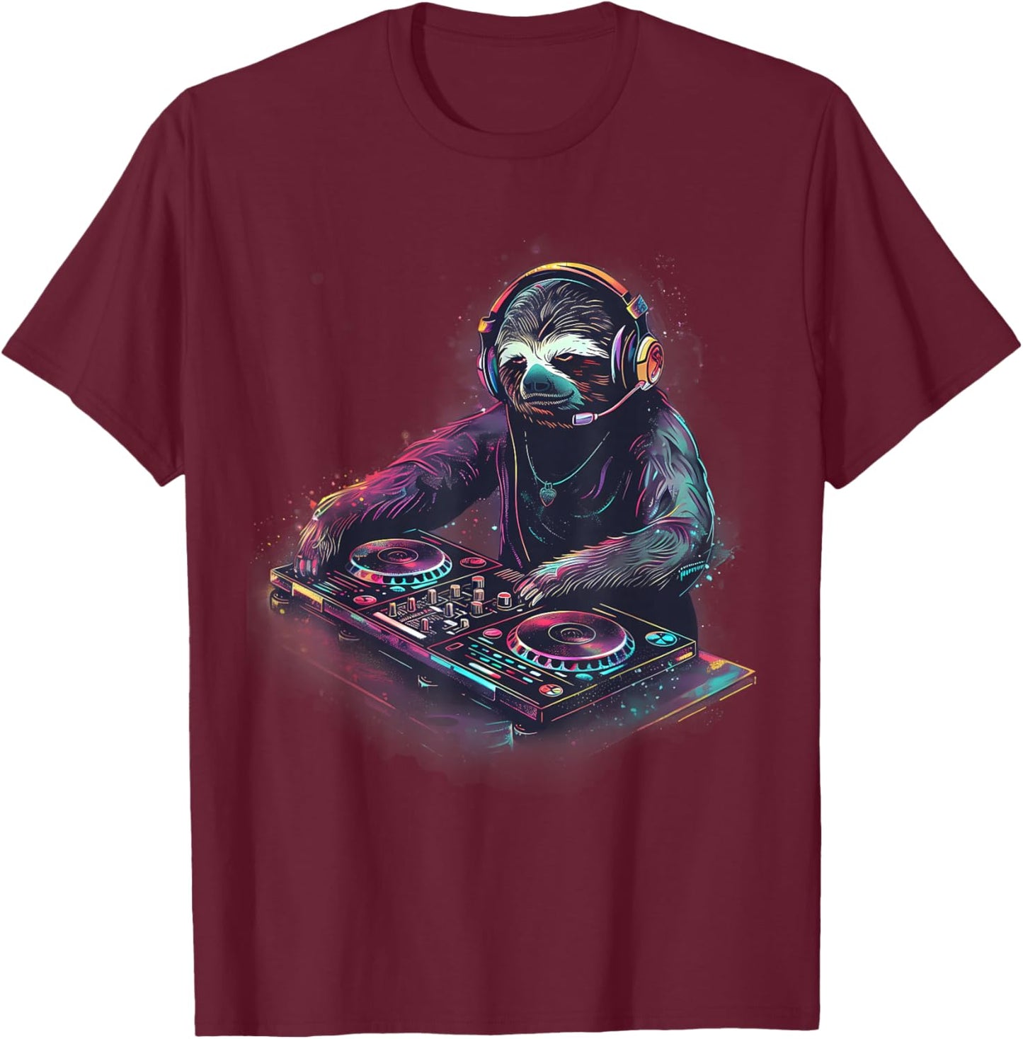 Sloth Music DJ EDM Turntable DJ Sloth Artwork House Music T-Shirt - T-Shirt | Maroon