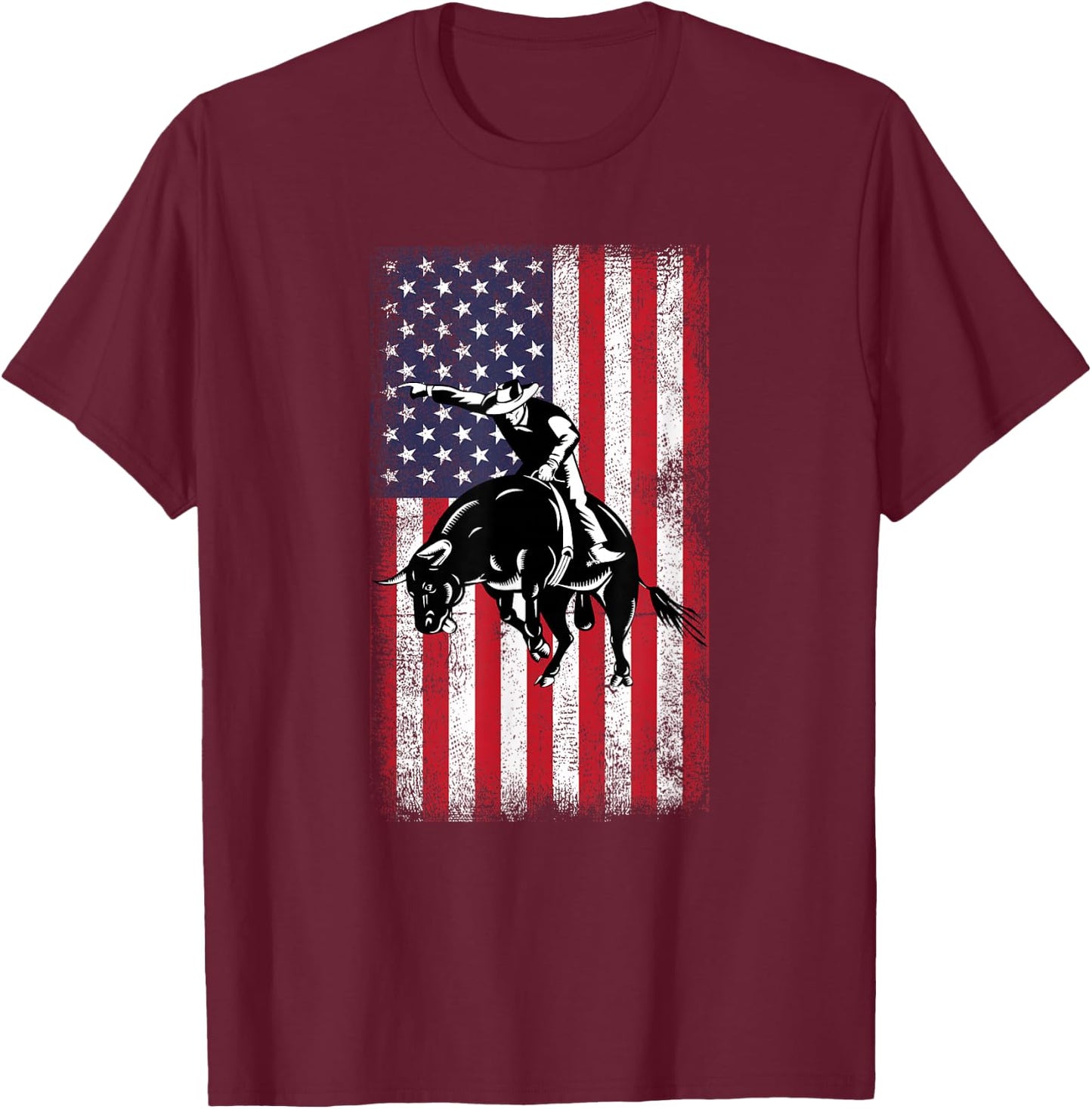 Rodeo Bull Rider Cowboys Patriotic American Flag Vintage T-Shirt - T-Shirt | Maroon