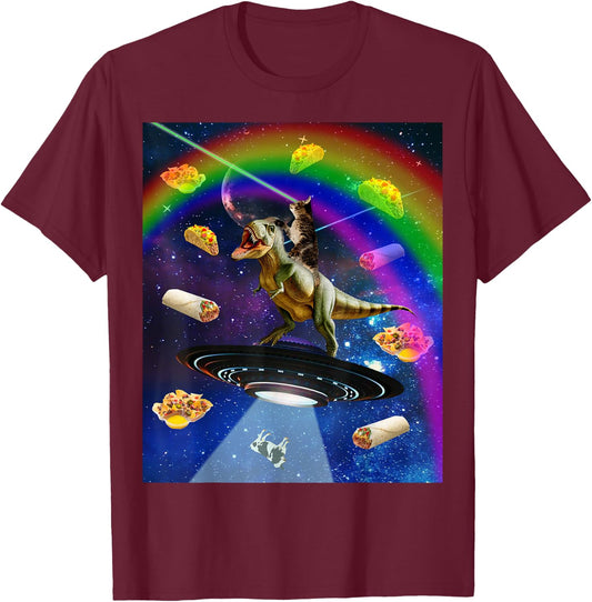 Laser Eyes Outer Space Cat Riding On T-Rex Dinosaur Women T-Shirt - T-Shirt | Maroon