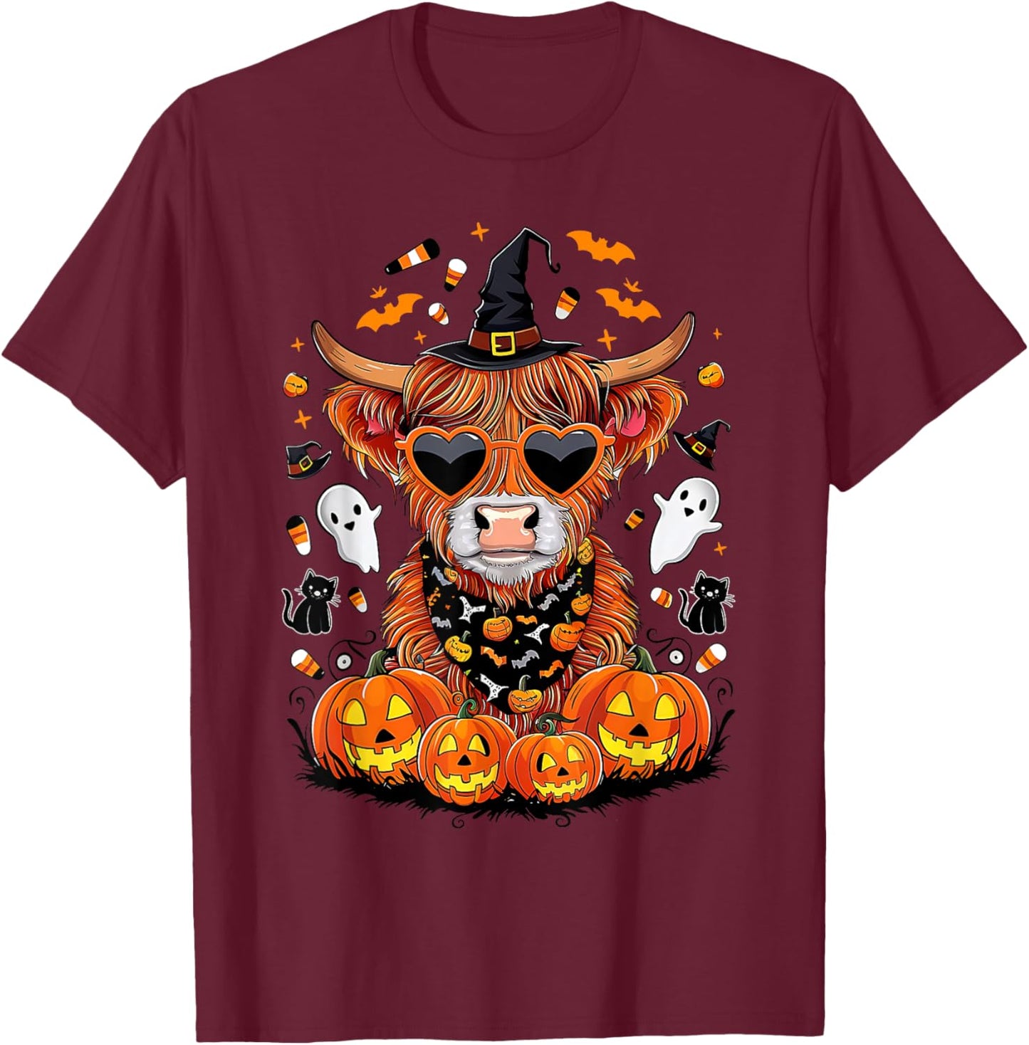 Halloween Highland Cow Farm Western Ghost Cow Witchy Pumpkin T-Shirt - T-Shirt | Maroon