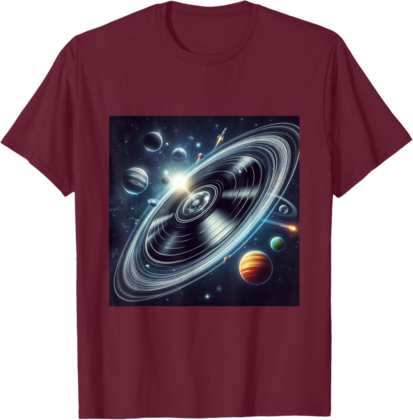 Vinyl Record Orbiting Through Space Cosmic Trails Planets T-Shirt - T-Shirt | Maroon