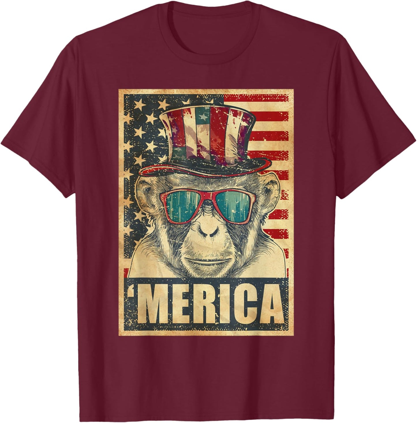Monkey Merica Vintage American Flag 4th Of July T-Shirt - T-Shirt | Maroon