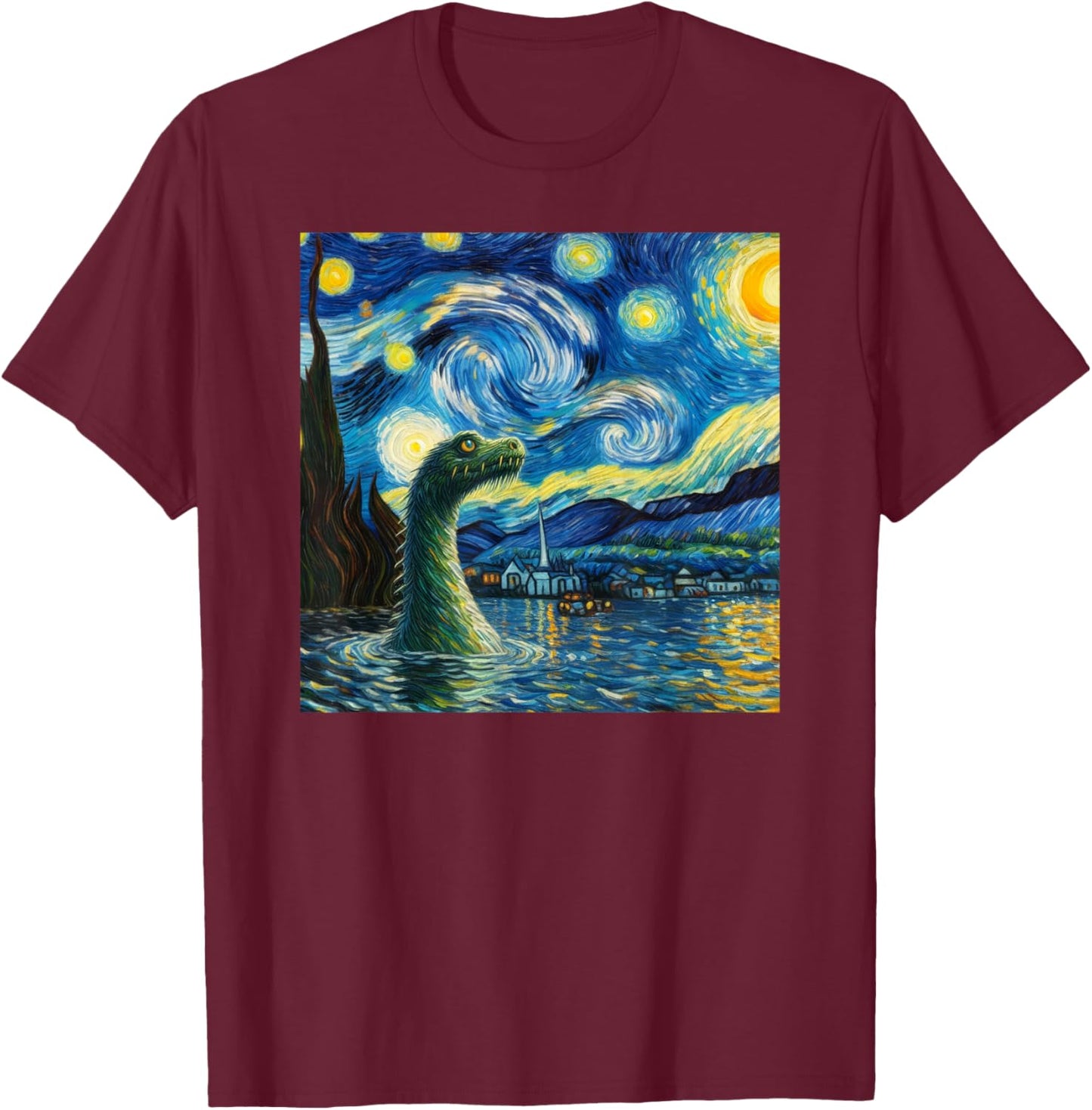 Loch Ness Monster in Starry Night Van Gogh Style Nessie T-Shirt - T-Shirt | Maroon