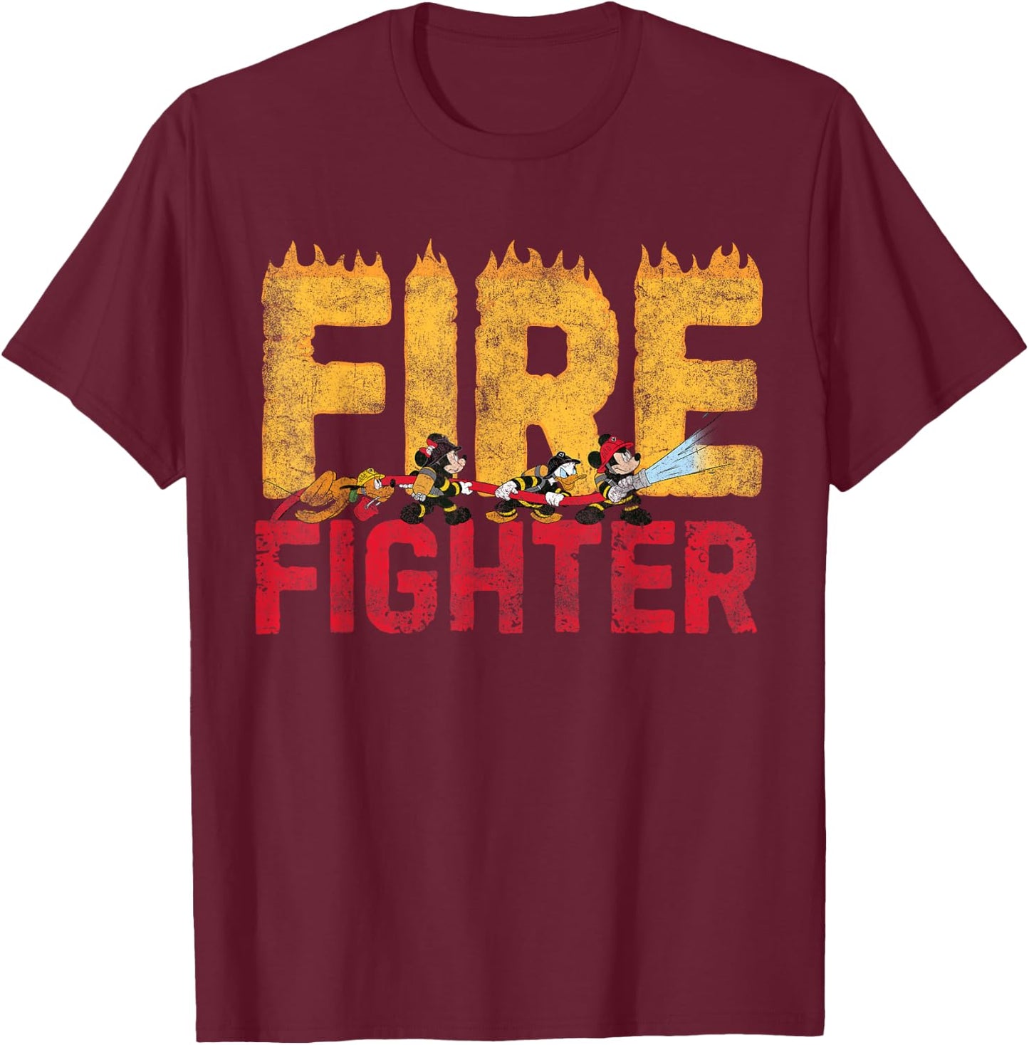 Disney Mickey and Friends Minnie Donald Pluto Fire Fighters Small T-Shirt - T-Shirt | Maroon