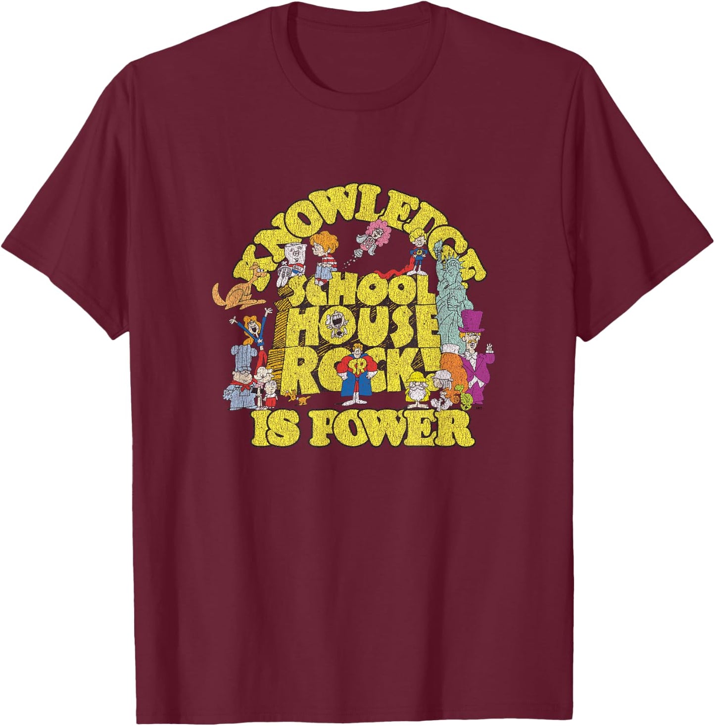 Schoolhouse Rock! Cast & Crew Vintage Knowledge is Power T-Shirt - T-Shirt | Maroon