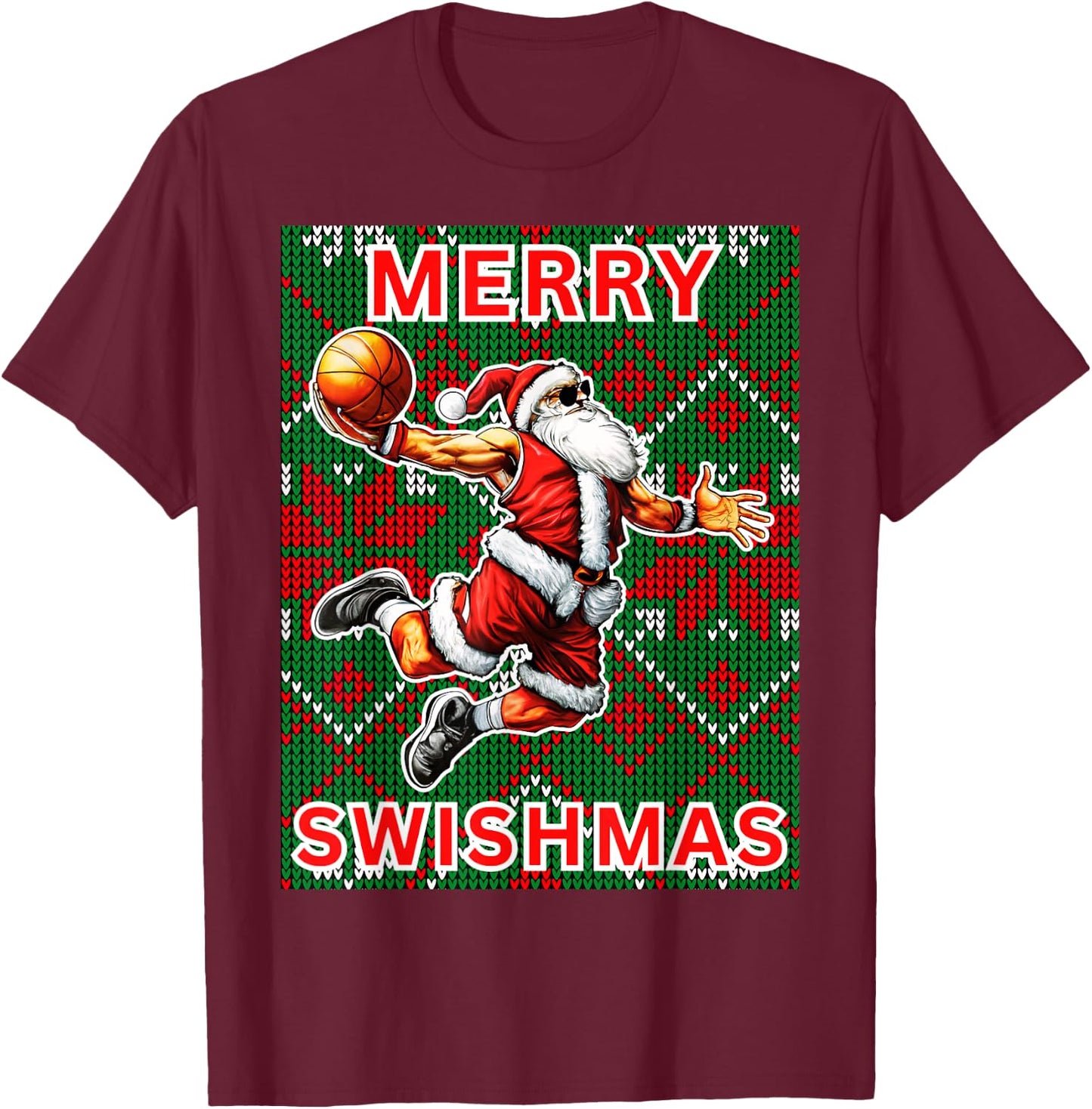 Merry Swishmas Basketball Christmas Santa Claus Slam Dunk T-Shirt - T-Shirt | Maroon