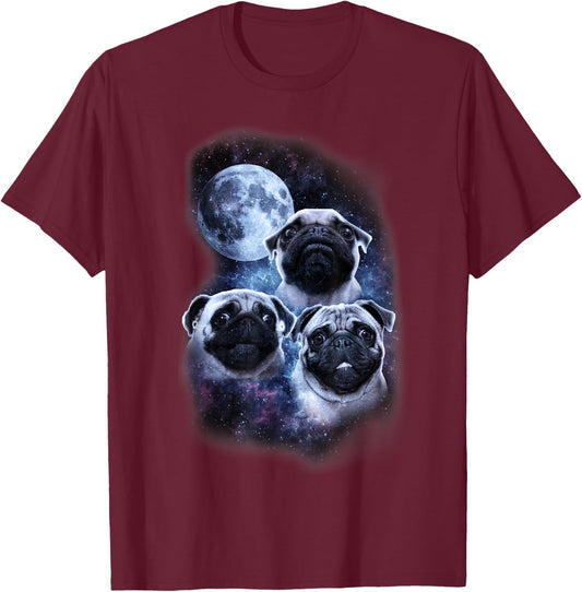 Cute pug design in space, full moon, stars, milky way T-Shirt - T-Shirt | Maroon