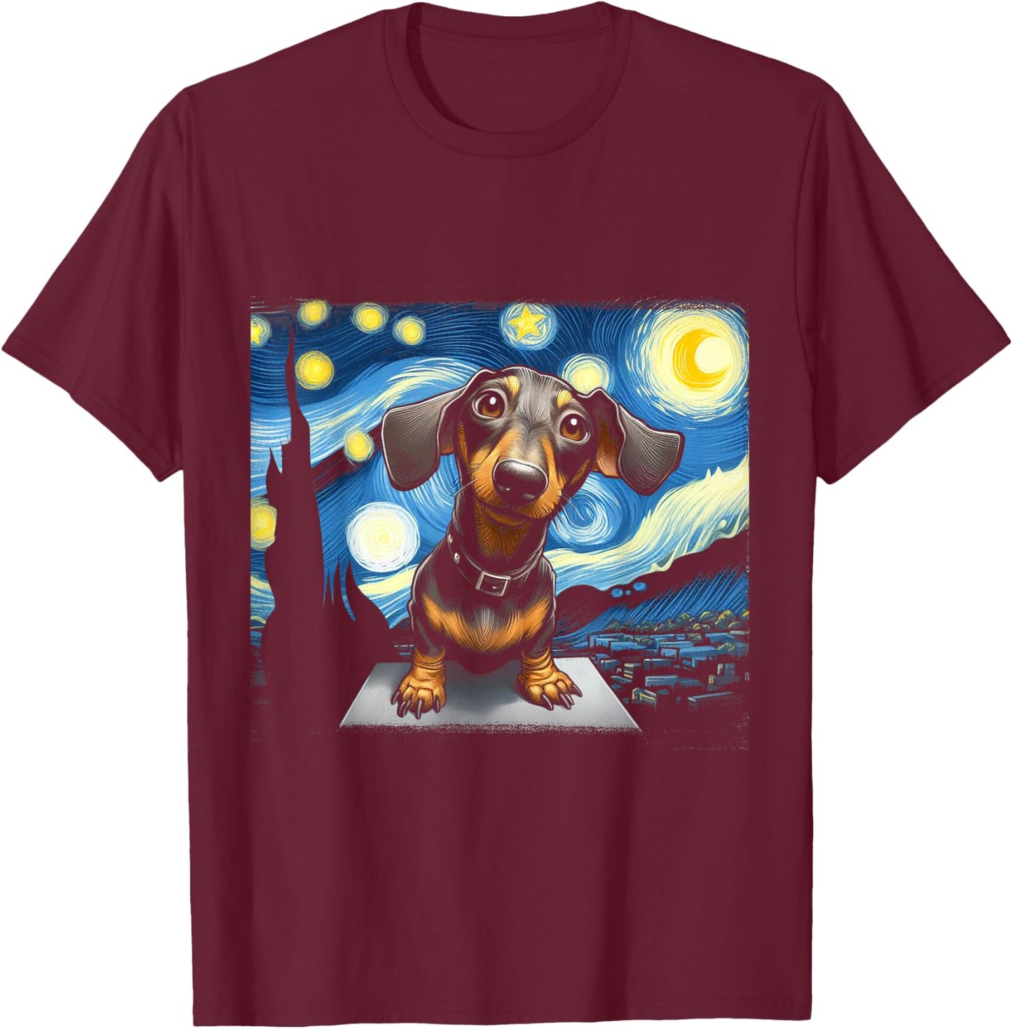 Funny Dachshunds Sausage Dogs in a Starry Night T-Shirt - T-Shirt | Maroon