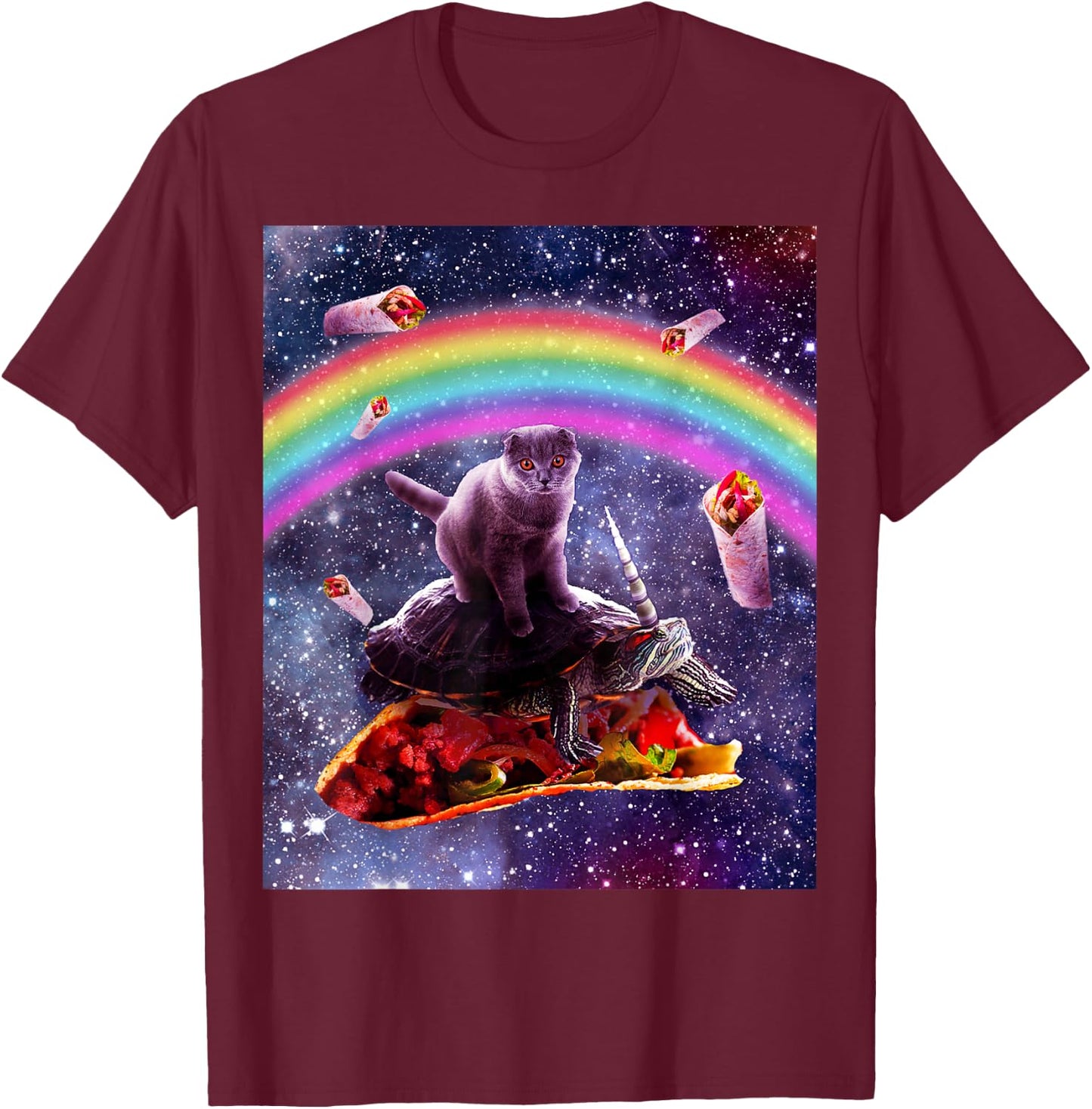 Space Cat Riding Turtle Unicorn - Taco & Burrito T-Shirt - T-Shirt | Maroon