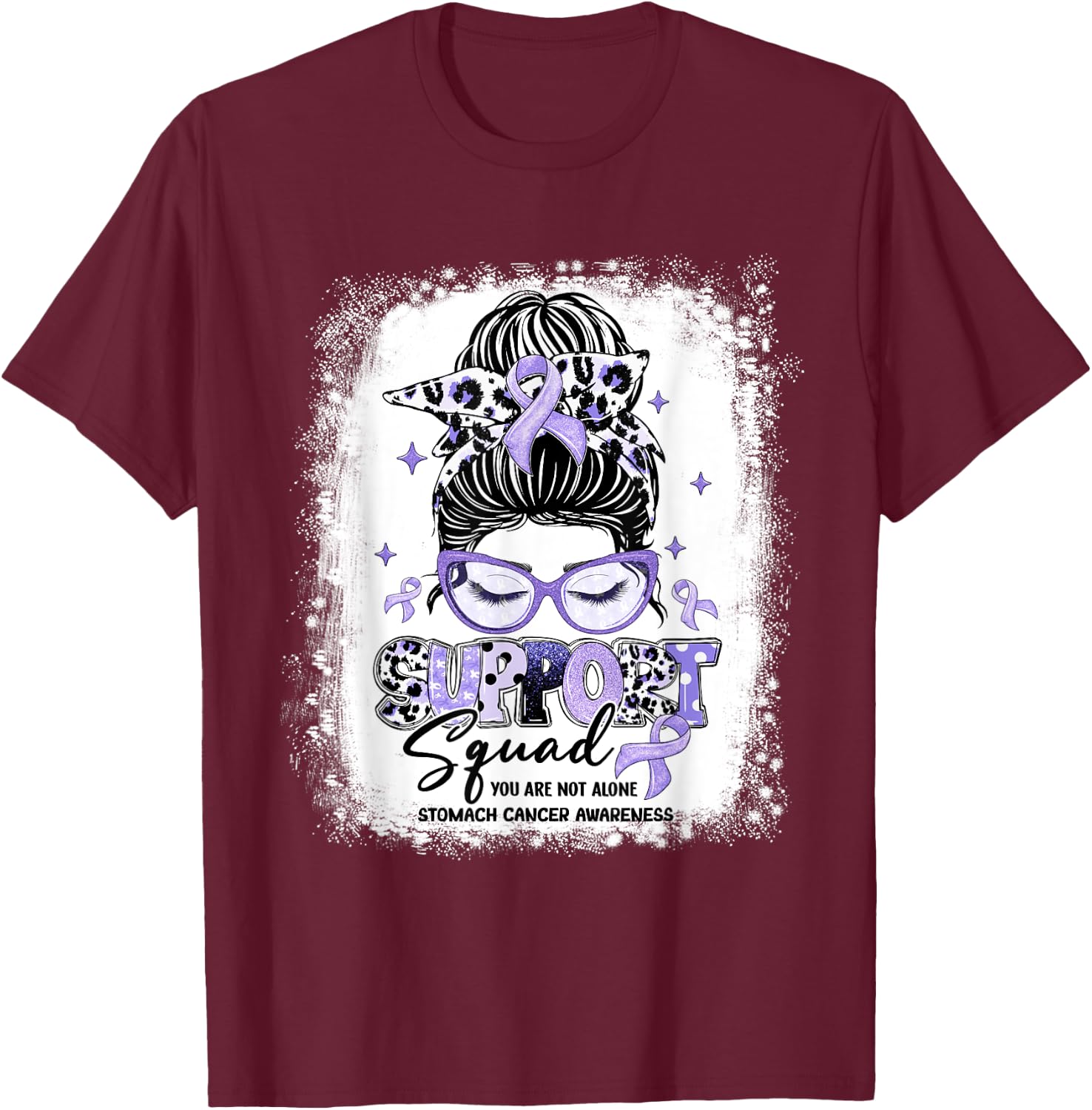 Support Squad Leopard Messy Bun Stomach Cancer Awareness T-Shirt - T-Shirt | Maroon
