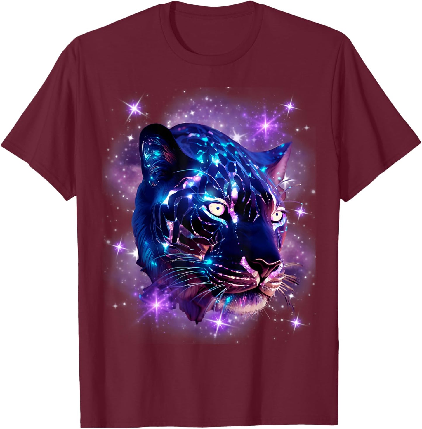 Cosmic Cheetah Leopard Tiger Purple Galaxy Stars Celestial T-Shirt - T-Shirt | Maroon