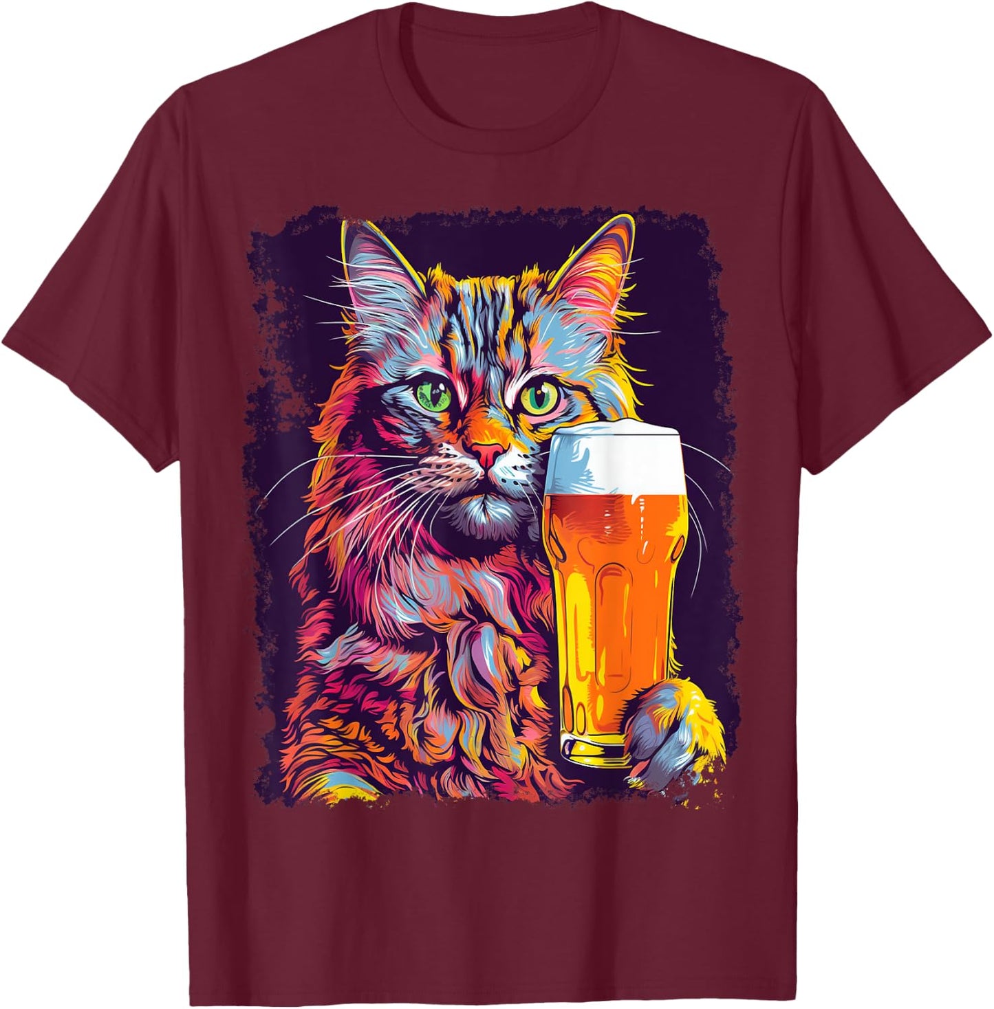 Noah&Friends Cat Drinking Beer -Adults Black Small Classic Fit U-Neck T-Shirt - T-Shirt | Maroon