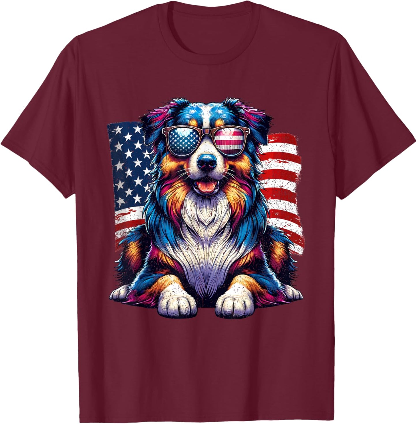 Vintage Australian Shepherd American Flag Pets Dogs USA US T-Shirt - T-Shirt | Maroon