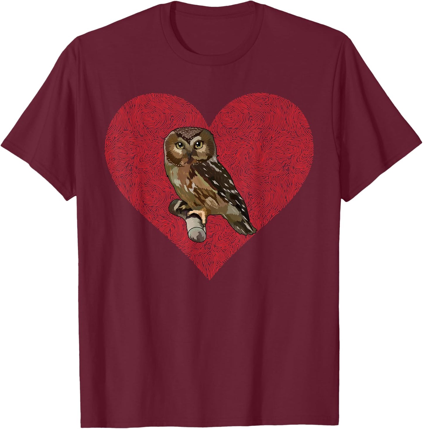 Northern Saw-whet Owl Valentines Day Bird Love Fingerprint T-Shirt - T-Shirt | Maroon