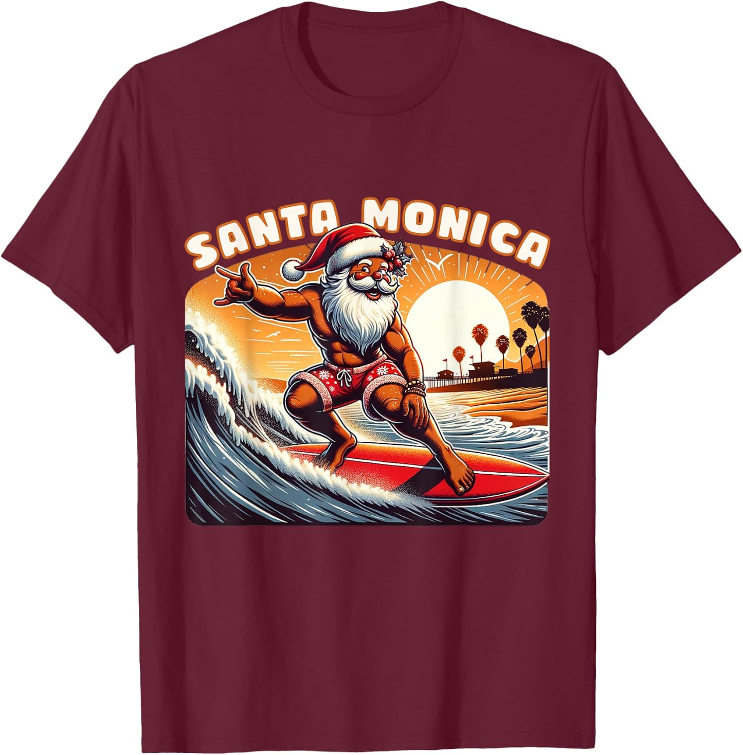 Santa Monica Claus Christmas Santa Monica California Surfer T-Shirt - T-Shirt | Maroon