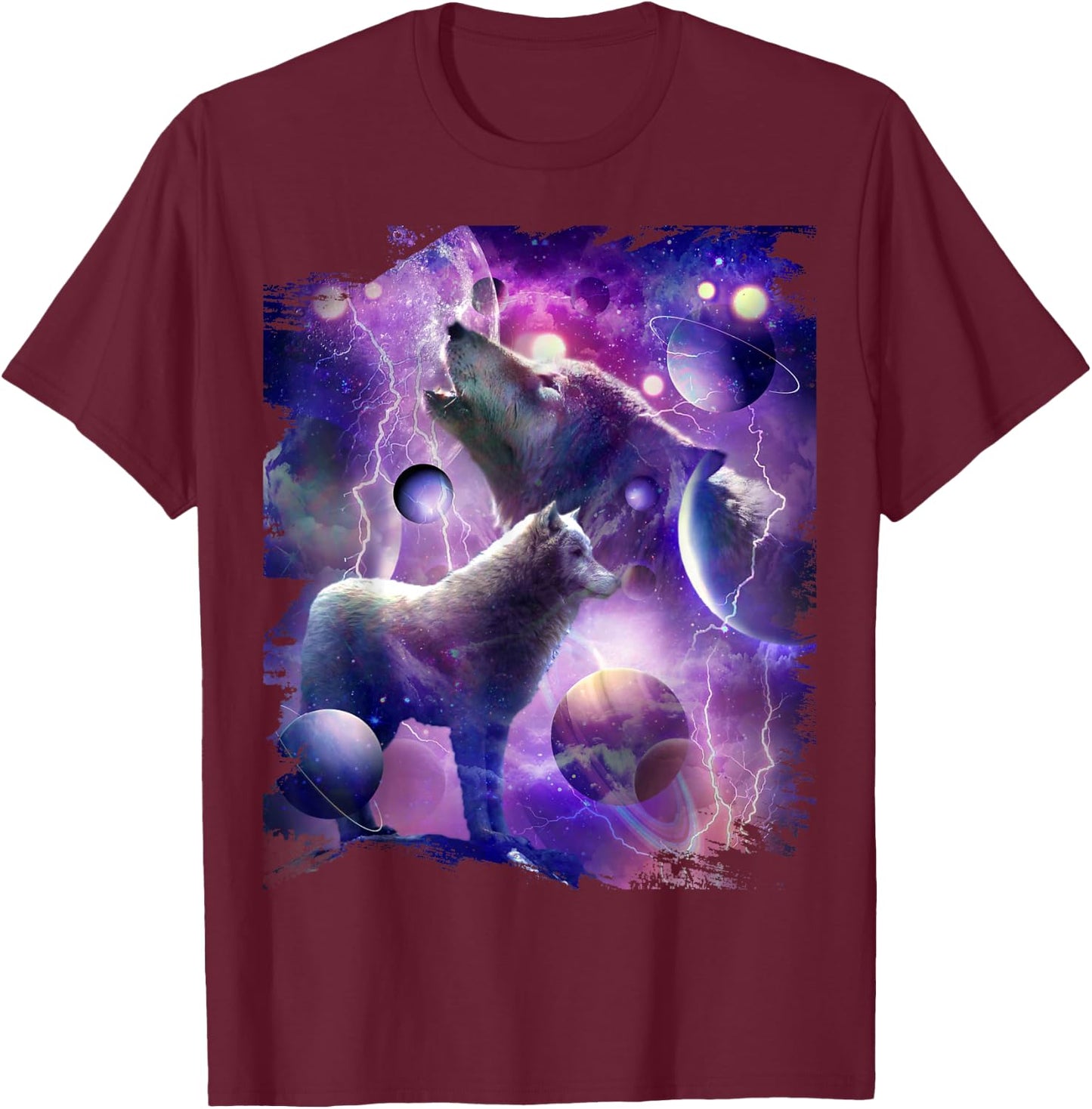 Cosmic Wolf Howling at Moon in Space T-Shirt - T-Shirt | Maroon