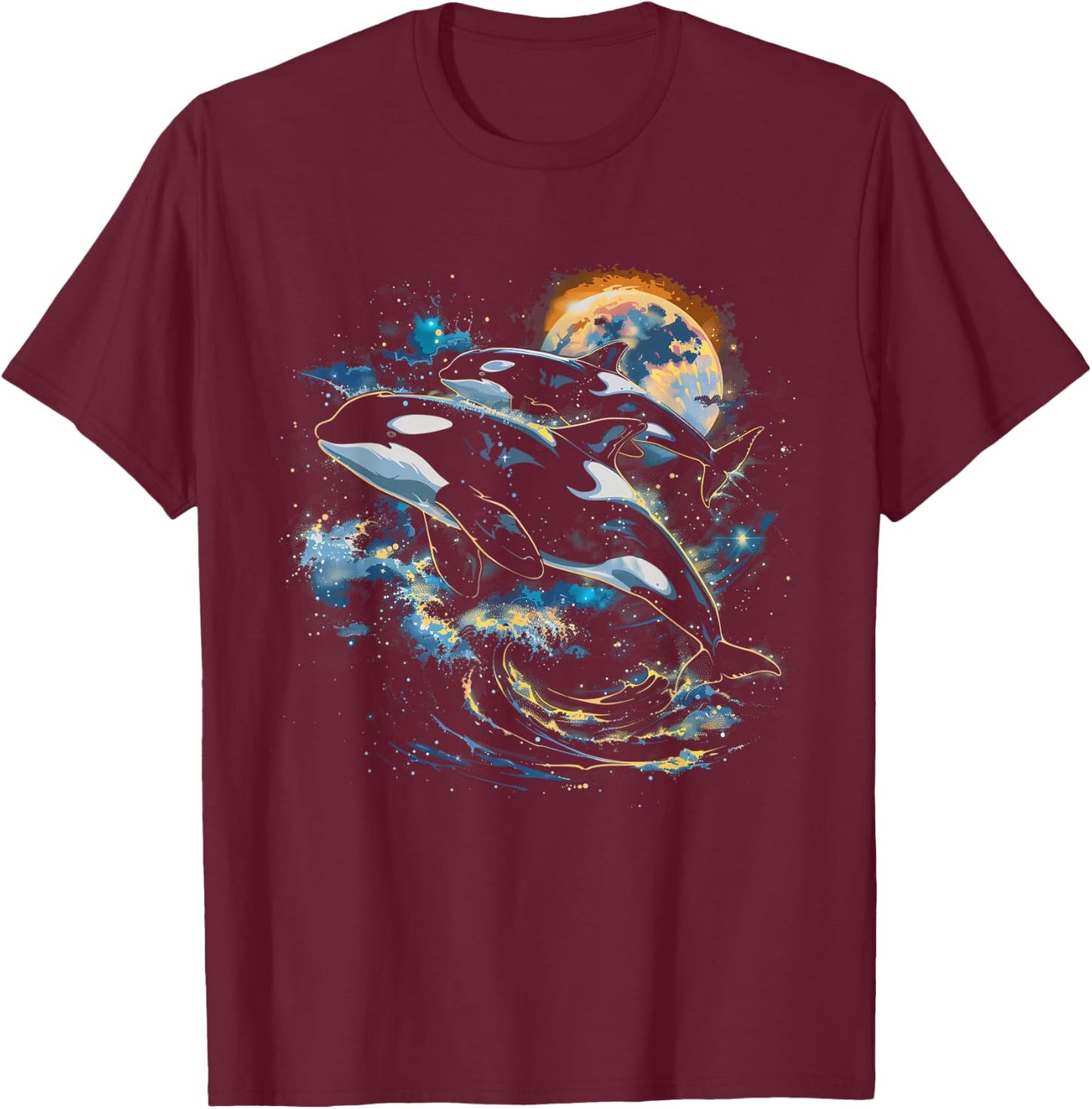 Orca In Space, Planets, Stars, Wall Lovers T-Shirt - T-Shirt | Maroon