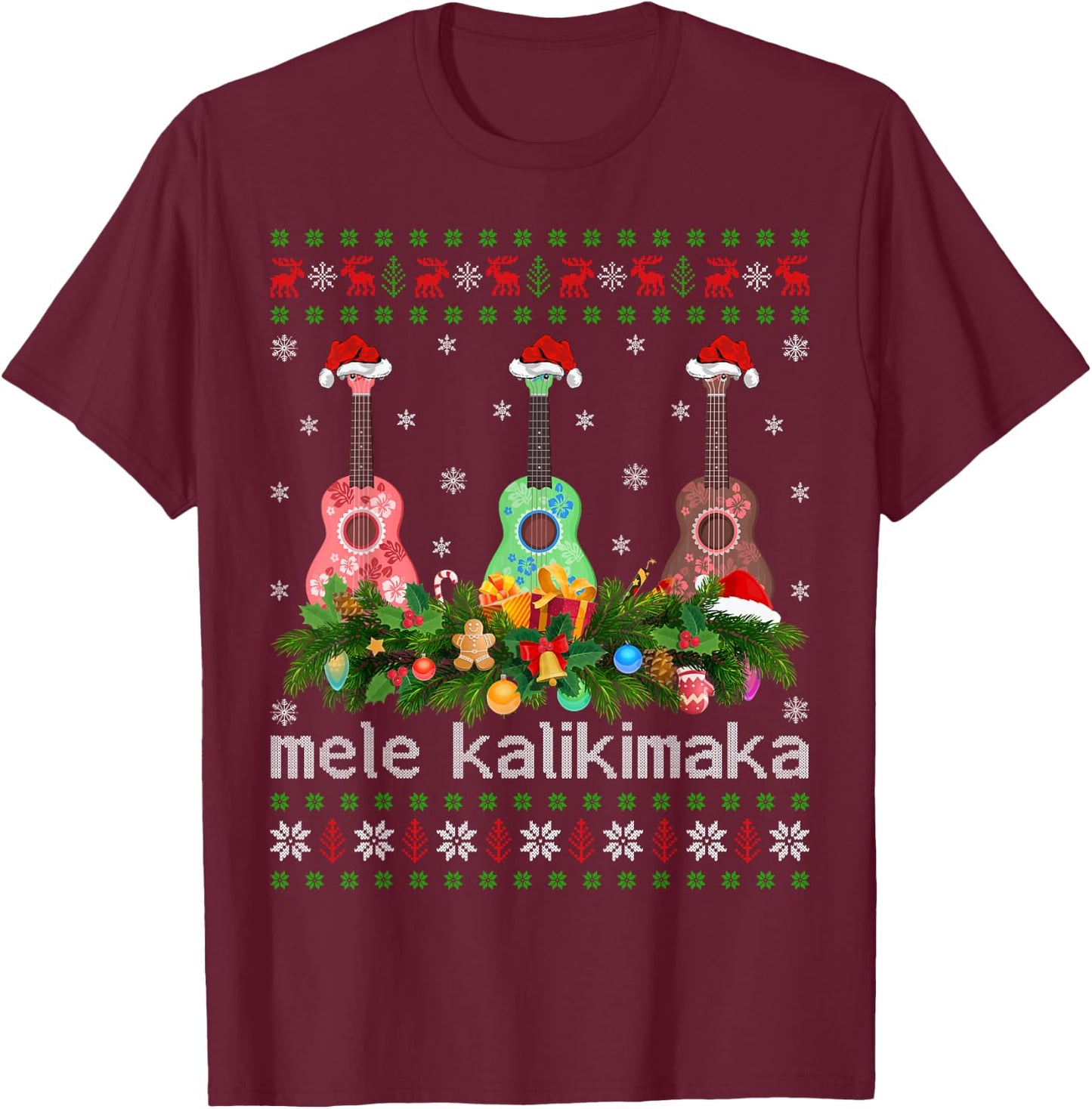 Mele Kalikimaka Ukulele Guitar Gift Ugly Ukulele Christmas T-Shirt - T-Shirt | Maroon