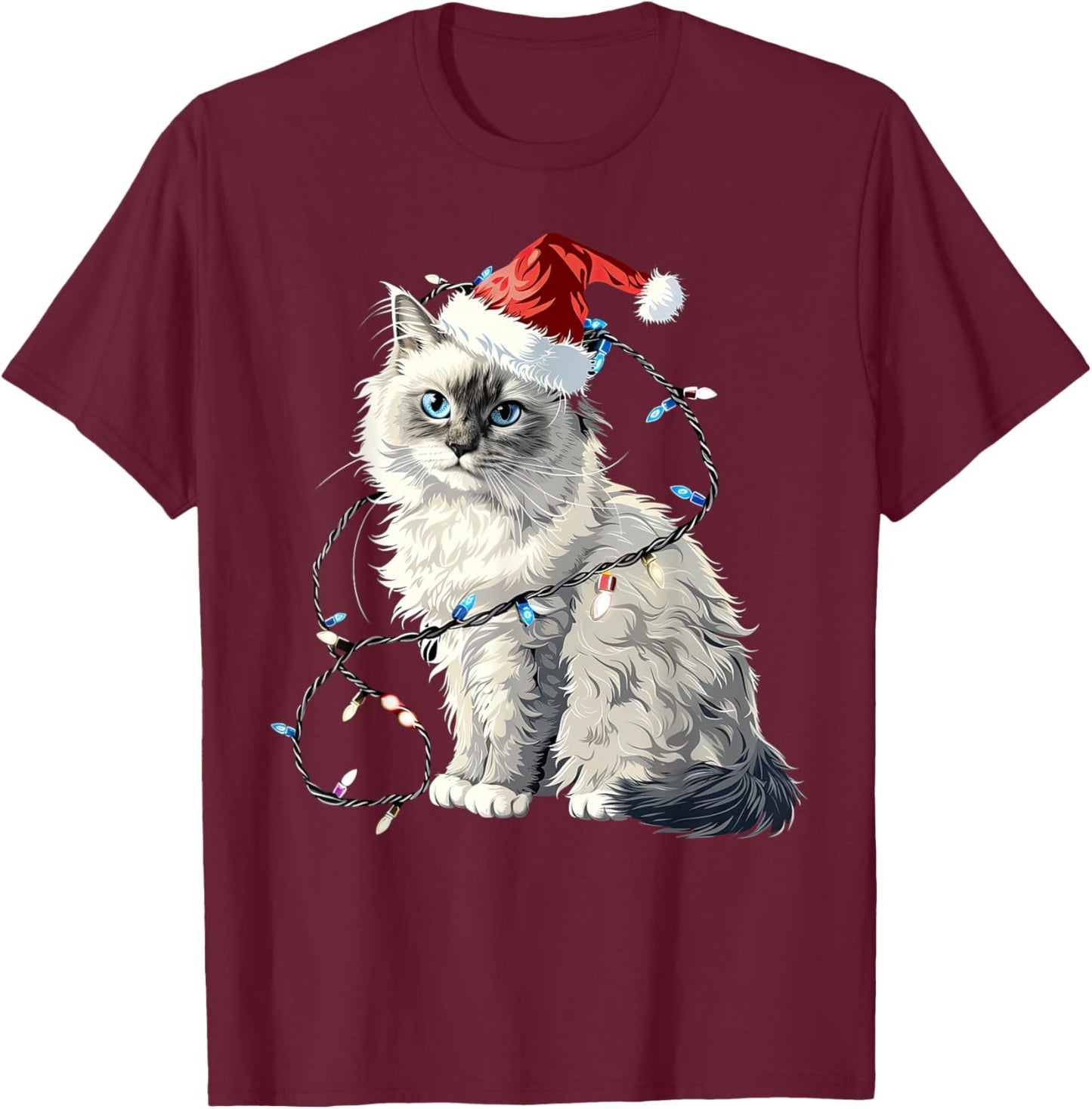 Cute Ragdoll Cat Santa Hat Christmas Lights Feline T-Shirt - T-Shirt | Maroon