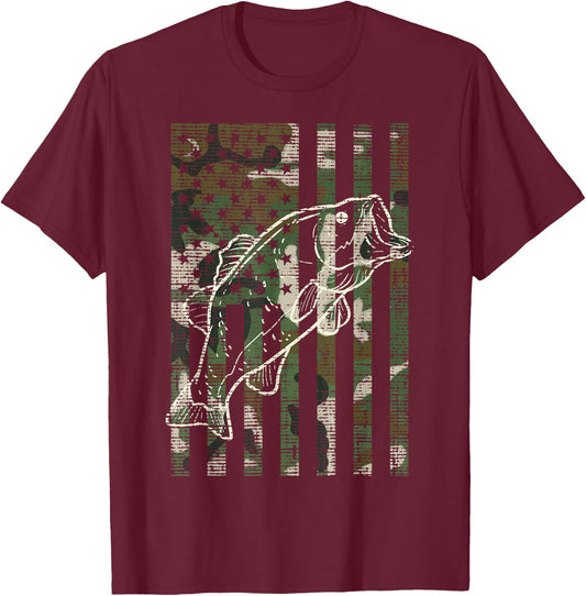 Fishing Camo US Flag Fish Bass Patriot Fisherman Dad Gift T-Shirt - T-Shirt | Maroon