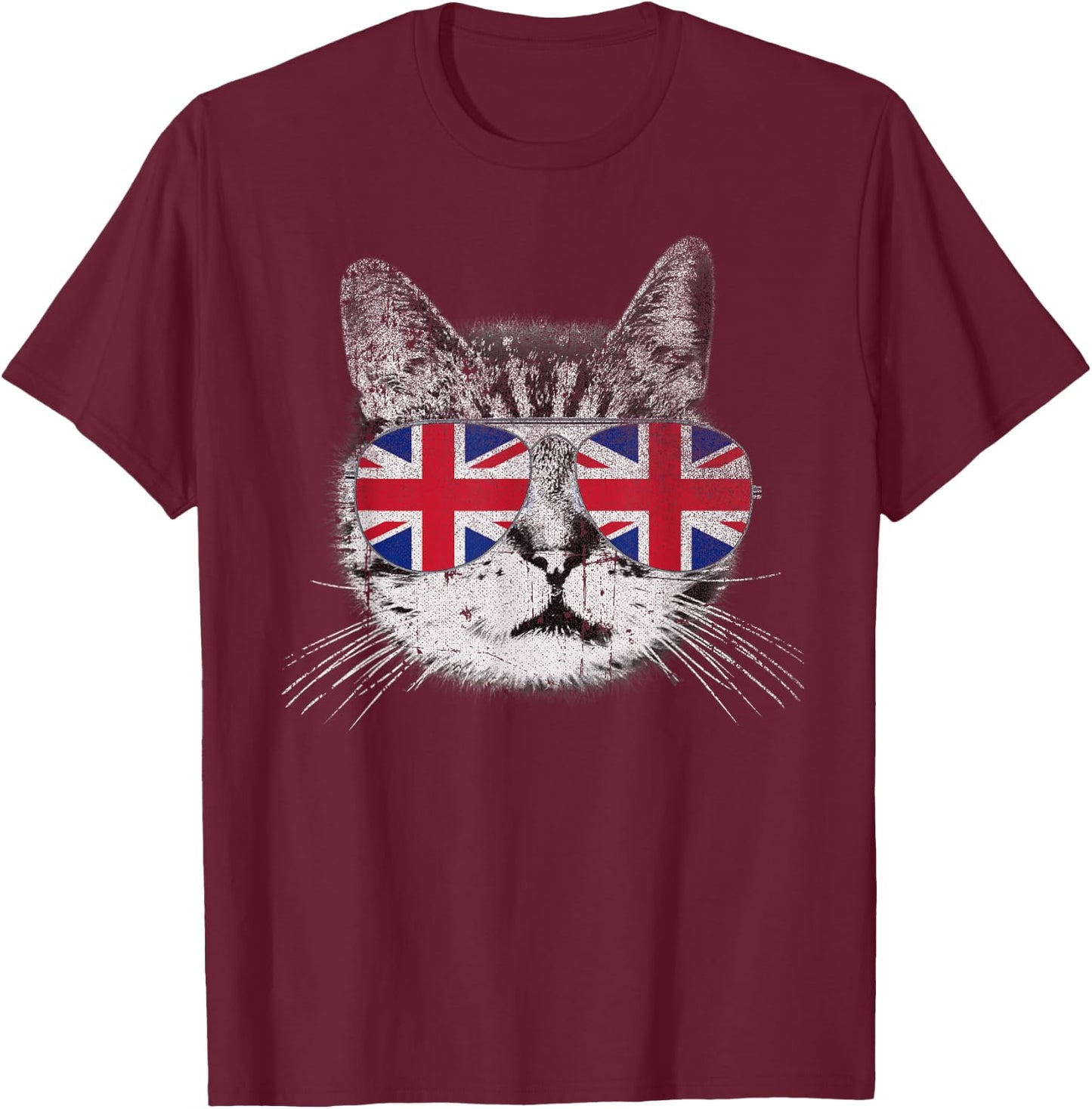 Cat Shirt Union Jack Flag Country Retro England British UK T-Shirt - T-Shirt | Maroon