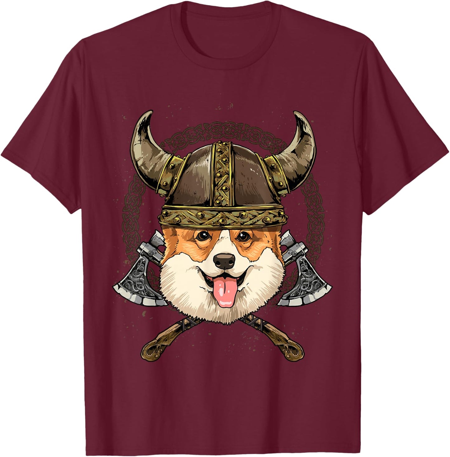 Viking Corgi Dog with Viking Helmet Mjolnir Axes T-Shirt - T-Shirt | Maroon