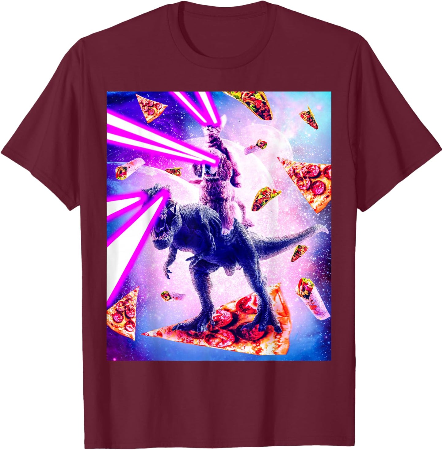 Laser Eyes Space Cat Riding Dog And Dinosaur T-Shirt - T-Shirt | Maroon
