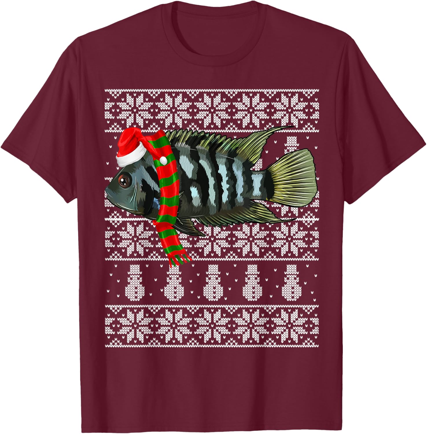 Fish Xmas Santa Hat Convict Cichlids Ugly Christmas T-Shirt - T-Shirt | Maroon