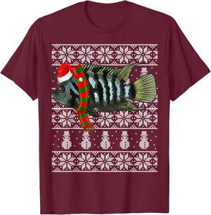 Fish Xmas Santa Hat Convict Cichlids Ugly Christmas T-Shirt - T-Shirt | Maroon