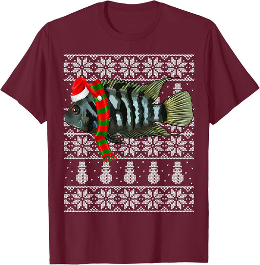 Fish Xmas Santa Hat Convict Cichlids Ugly Christmas T-Shirt - T-Shirt | Maroon