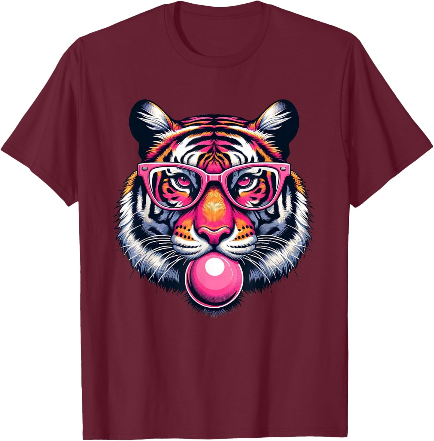 Funny Tiger Wearing Eyeglasses Bubblegum Tiger Lover T-Shirt - T-Shirt | Maroon