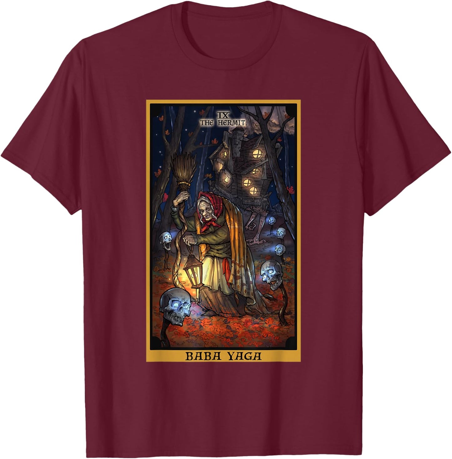 Baba Yaga The Hermit Tarot Card Slavic Mythology Pagan Witch T-Shirt - T-Shirt | Maroon