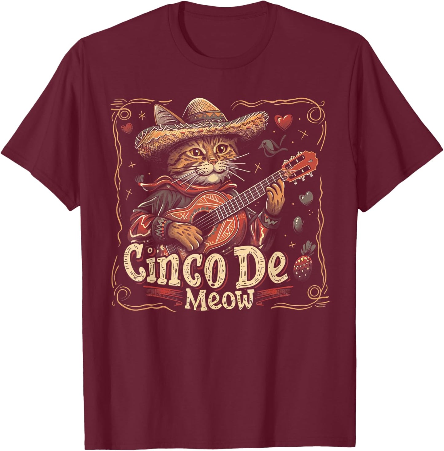 Cat - Cinco De Meow Mayo Mexican Fiesta Men Women Boys Girls T-Shirt - T-Shirt | Maroon