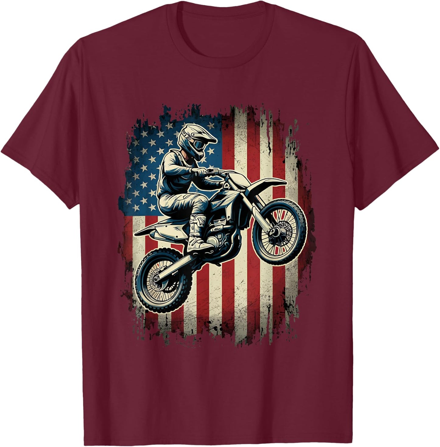 Dirt Bike American Flag Motocross Biker USA Vintage T-Shirt - T-Shirt | Maroon