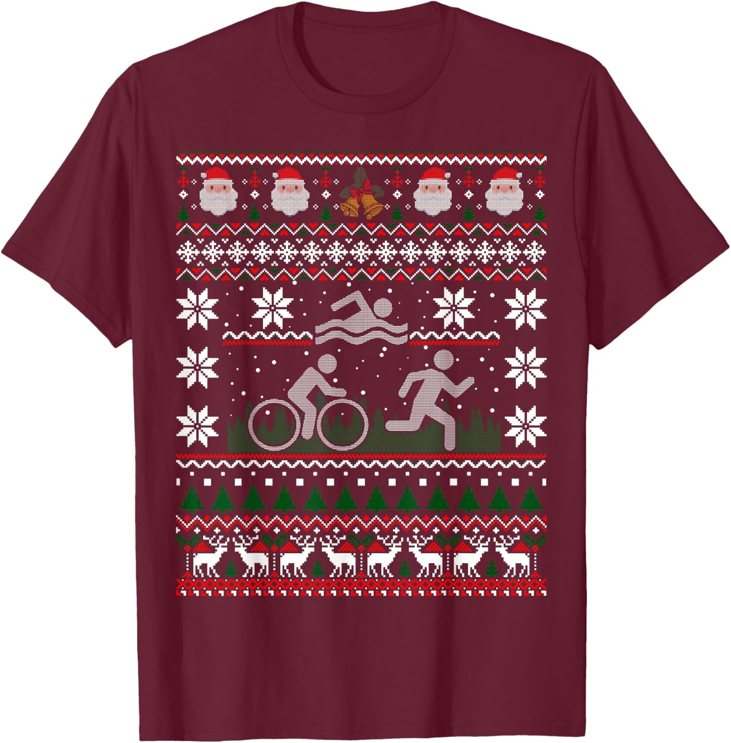 Triathlon Ugly Christmas Sweater Swim Bike Run Funny T-Shirt - T-Shirt | Maroon