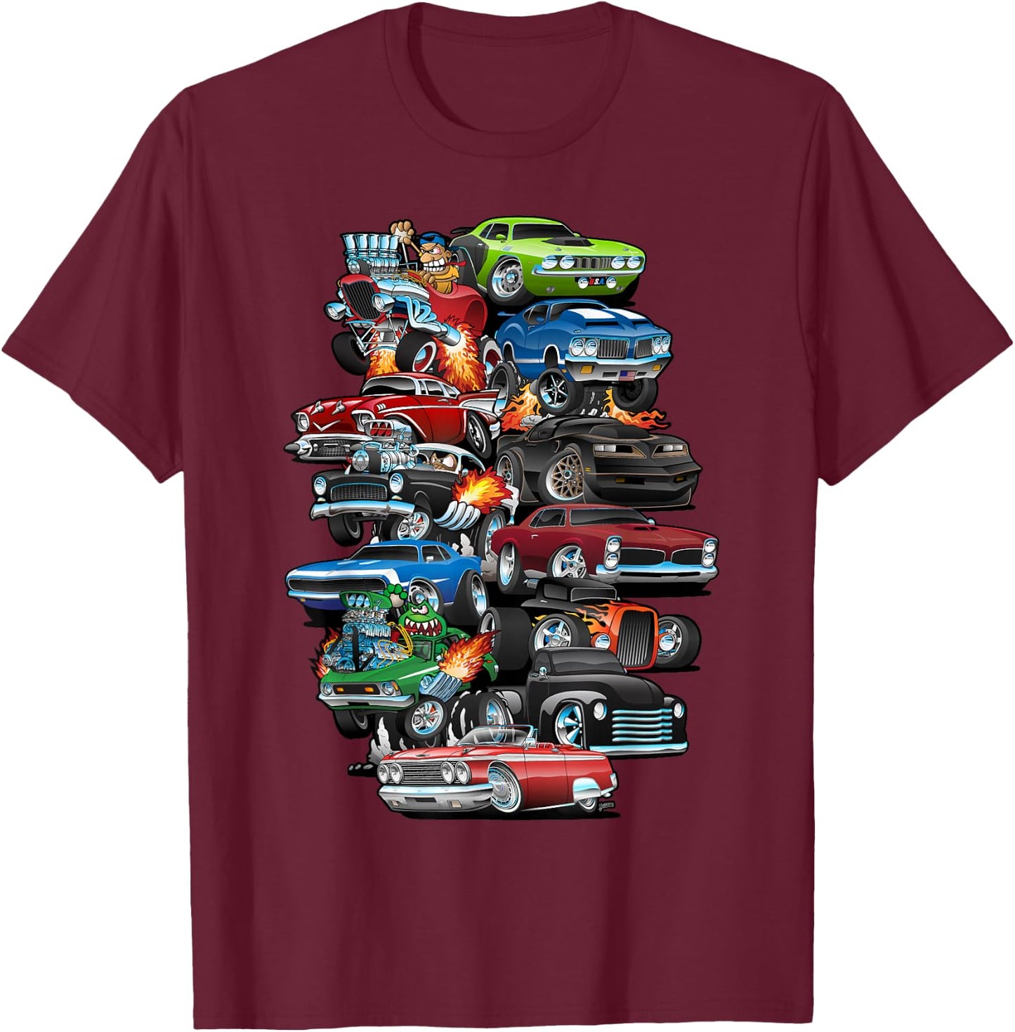Car Madness! Muscle Cars, Classic Cars and Hotrods Cartoon T-Shirt - T-Shirt | Maroon