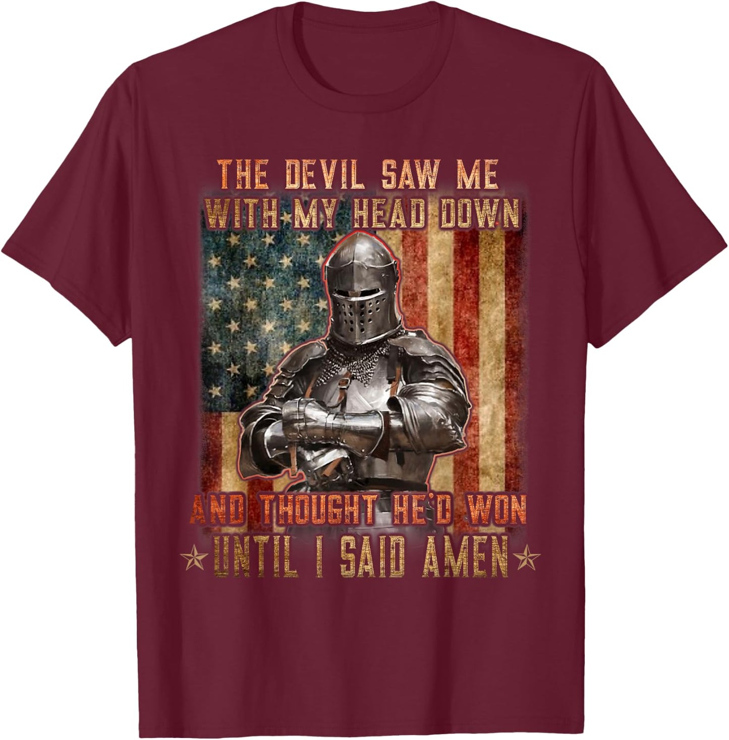 The Crusader - The Devil Saw Me - Knight Templar US Flag T-Shirt - T-Shirt | Maroon