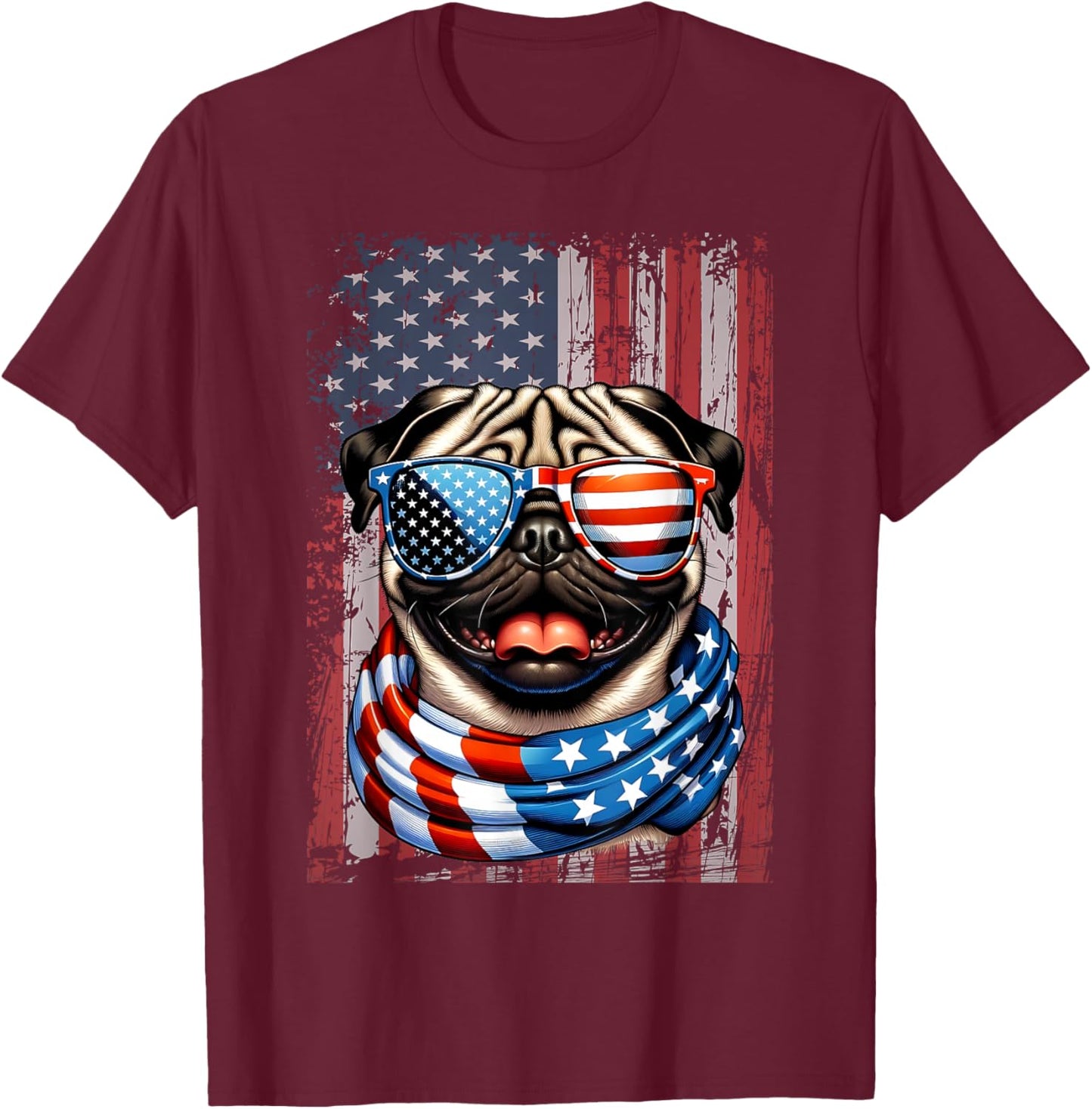 Pug Dog Lover US Flag 4th of July Patriotic T-Shirt - T-Shirt | Maroon